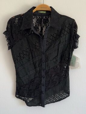 Vintage Y2K Alex Punt Top Patchwork Whimsigoth Grunge Black Floral Mesh Sheer